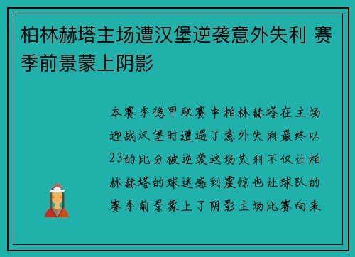 柏林赫塔主场遭汉堡逆袭意外失利 赛季前景蒙上阴影